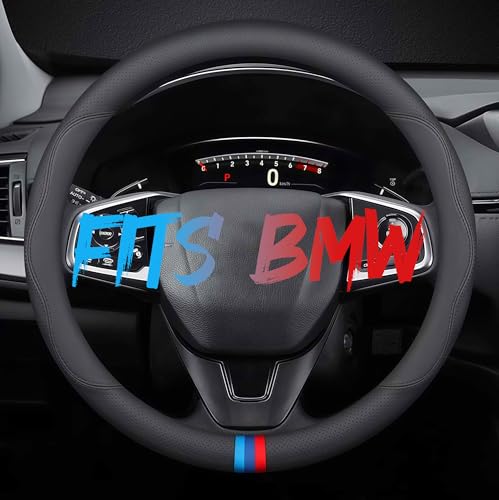 Leather Car Steering Wheel Cover, Tricolor Sporty Style, Breathable Laser-Perforated, Pure Black Double Lines, 14.5-15 Inch for BMW - color: Three-color mark - pure black, size: For BMW