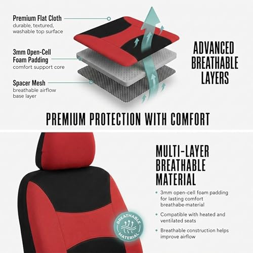 FH Group Car Seat Covers Full Set Cloth, Universal Fit combo, Automotive Covers, Low Back Front Airbag Compatible,Split Bench Rear Seat,Washable Cover for SUV,Sedan,Van Red - color: Red