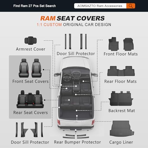 Custom Fit Seat Covers for Ram 1500: 2019 2020 2021 2022 2023 2024 2025 2026 Faux Leather Car Seat Covers Truck Full Set Black+Gray