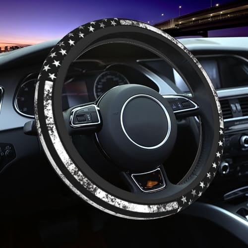 Black American Flag Steering Wheel Cover - Retro America Flag Steering Wheel Car Accessories Universal Vintage USA 15 Inch Steering Wheel Cover Women Men Neoprene Anti Slip Wheel Cover Protector - color: Black American Flag