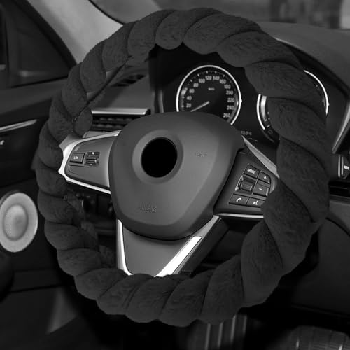 Luxury Fluffy Winter Car Steering Wheel Cover for Women, Steering Wheel Protector, 15" Fluffy Soft Breathable Warm Non-Slip Decoration, Twisted Fur Car Cover for Vehicles (Black, Round) - color: Black, size: Round