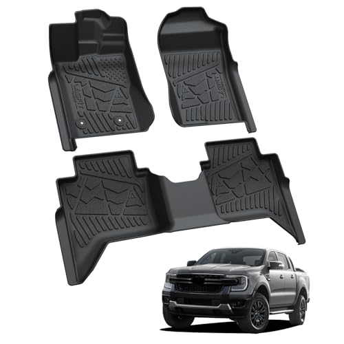 LASFIT Floor Mats for Ford Ranger 2026 2025 2024 SuperCrew Cab All Weather Truck Protector TPE Carpeted Floor Liners, Front and Rear Row, 3pc Black - style: 7) Ranger| 24-25 | 2Rows