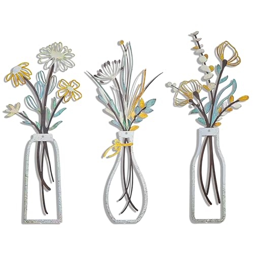 YAKii 3 Pieces Metal Flowers Wall Decor Metal Vase Wall Art Minimalist Floral Wall Sculpture Hanging for Living Room Bathroom Bedroom Kitchen Dining Room Perfect Housewarming Gifts(Beige Gold)