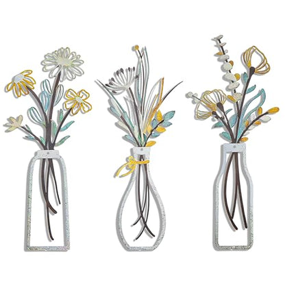 YAKii 3 Pieces Metal Flowers Wall Decor Metal Vase Wall Art Minimalist Floral Wall Sculpture Hanging for Living Room Bathroom Bedroom Kitchen Dining Room Perfect Housewarming Gifts(Beige Gold)