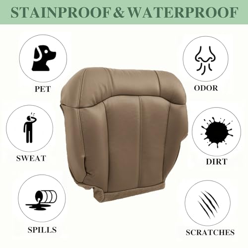 Priprilod Driver Side Bottom Replacement Leather seat Cover Tan（#522 or 52i ）＆ Foam Cushion Compatible with Chevy Silverado Tahoe Suburban/GMC Sierra Yukon 1500 2500 3500 HD1999 2000 2001 2002 - color: Med Tan