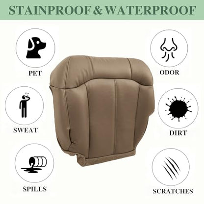 Priprilod Driver Side Bottom Replacement Leather seat Cover Tan（#522 or 52i ）＆ Foam Cushion Compatible with Chevy Silverado Tahoe Suburban/GMC Sierra Yukon 1500 2500 3500 HD1999 2000 2001 2002 - color: Med Tan