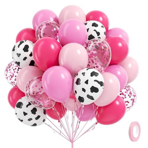 60pcs Cowgirl Balloons, Hot Pink Light Pink Confetti Cow Print Latex Balloons for Farm Cowgirl Bridal Shower Bachelorette Birthday Party Decorations - color: Cowgirl Pink