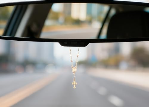 Gold Plated Beads Catholic Guadalupe Car Rearview Mirror Rosary Hanging Charm Chain for Women with Gift Box - color: Big-Faceted Beads