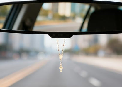 Gold Plated Beads Catholic Guadalupe Car Rearview Mirror Rosary Hanging Charm Chain for Women with Gift Box - color: Big-Faceted Beads