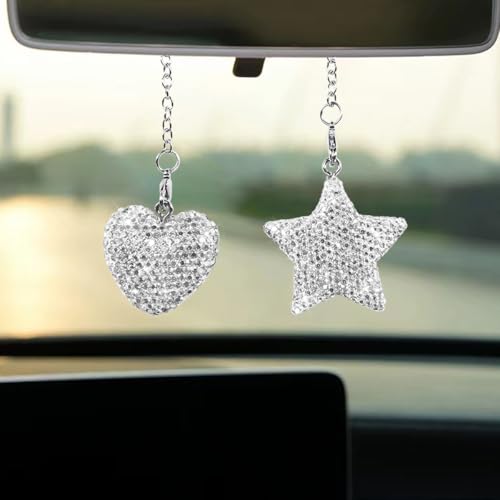 Bling Star Heart Diamond Car Accessories, Car Rear View Mirror Charm, Car Lucky Hanging Interior Ornament, Crystals Pendant Decoration for Women Present (White) - color: White