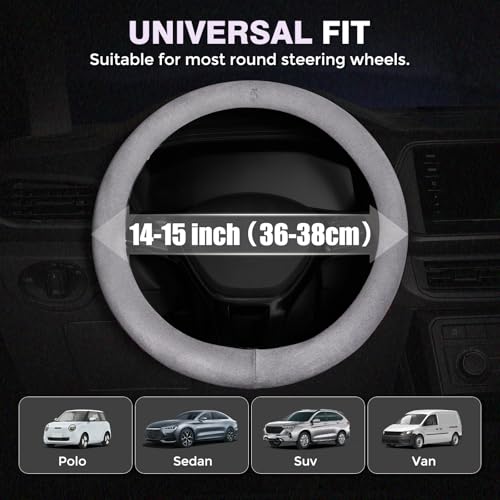 Winter Steering Wheel Cover, Microfiber Suede Car Steering Wheel Covers with Anti-Slip Lining, Breathable Elastic Car Steering Wheel Protector Soft, Universal Standard Size 14-15 inch