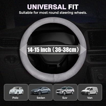 Winter Steering Wheel Cover, Microfiber Suede Car Steering Wheel Covers with Anti-Slip Lining, Breathable Elastic Car Steering Wheel Protector Soft, Universal Standard Size 14-15 inch