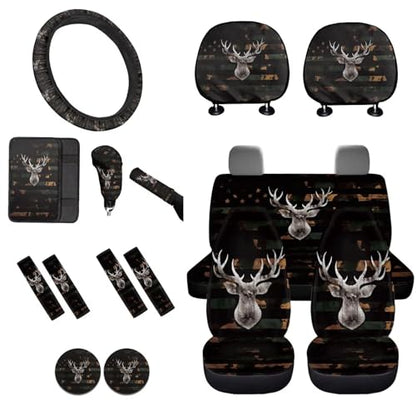 American Flag Printed Car Accessories Sets, 16 Pack Camo Deer Printed Car Front and Back Seat Cover Steering Wheel Cover Safety Belt Cover Armrest Cover Car Head Rest Cover Car Coaster - color: Black and Brown - American Flag Camo Deer
