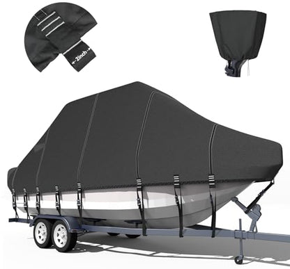 Trailerable T-Top Boat Cover Ture 1200D Solution Dyed Hard Top/T Top Boat Cover with 19 Windproof Straps, Motor Cover Fit 19'-21' Long Beam Width Up to 106" Center Console Boat with T Top Roof
