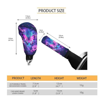 Butterfly Flower Printed Car Handbrake Cover Gear Shift Knob Cover, Car Gear Shift Knob Cover with Handbrake Cover, Smooth Breathable Car Accessories, Set of 2 - color: Butterfly Flower - Purple