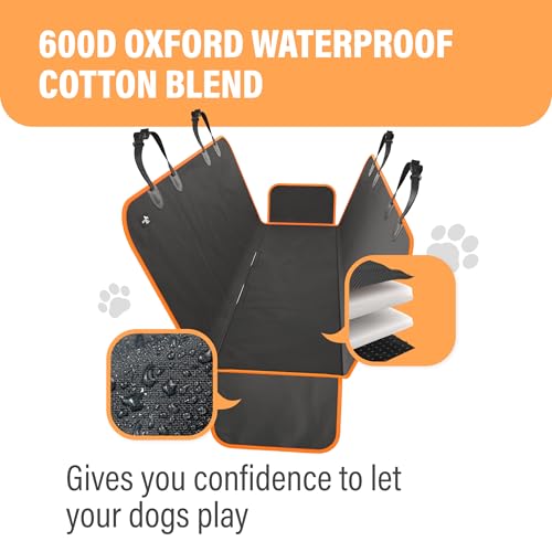 XL Waterproof Hammock Large Car Seat Cover, Fits SUVs Trucks Big Sedans, Secure Convertible Travel Bed Protects Backseat Cargo from Dog Puppy Pet Water Food Drool Urine, Black Orange Trim