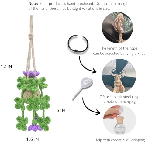 ROFIGL Handmade Crochet Hanging Car Air Freshener - Lucky 4-Leaf Clover Charm with 12ml Refillable Glass Essential Oil Diffuser Bottle, St. Patrick's Day Car Accessories & Bedroom Lucky Decor - style: Clover