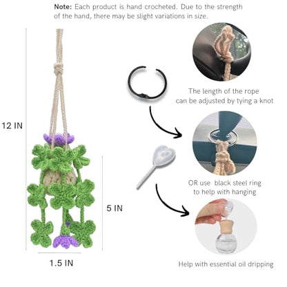 ROFIGL Handmade Crochet Hanging Car Air Freshener - Lucky 4-Leaf Clover Charm with 12ml Refillable Glass Essential Oil Diffuser Bottle, St. Patrick's Day Car Accessories & Bedroom Lucky Decor - style: Clover
