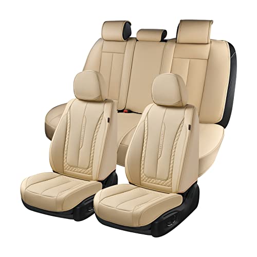 Coverado Car Seat Covers Full Set, Beige Seat Covers Front Seats Back Seat Covers, Nappa Leather Waterproof Car Seat Cover, Car Seat Cushion, Car Seat Protector Universal Fit Most Cars - color: Z-Beige, size: FullSet
