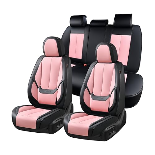 Coverado Car Seat Covers Full Set, Seat Covers for Cars, Black Car Seat Covers Front Seats and Back Car Seat Protector Waterproof, Leather Car Seat Cushion Universal Fit for Most Cars Pink - color: Black-pink, size: FullSet