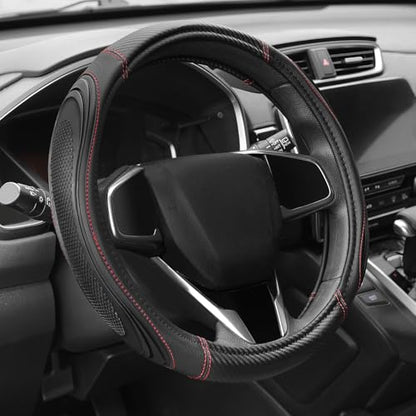 Auto Dynasty Steering Wheel Cover, Breathable Microfiber Leather Car Steering Wheel Protector with with Stylish Red Carbon Fiber Pattern, Anti-Slip, [14 1/2 to 15 Inches] Universal Fit Cars Trucks SUV - color: Carbon Fiber Red B