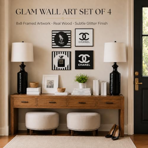PROBENEX Glam Wall Art Set of 4, Real Wood Black & White Fashion Decor, Small 8x8 Framed Artwork for Bedroom Vanity Dressing Room, Glitter Finish, Hang or Tabletop Stand, Pink Gift Packaging