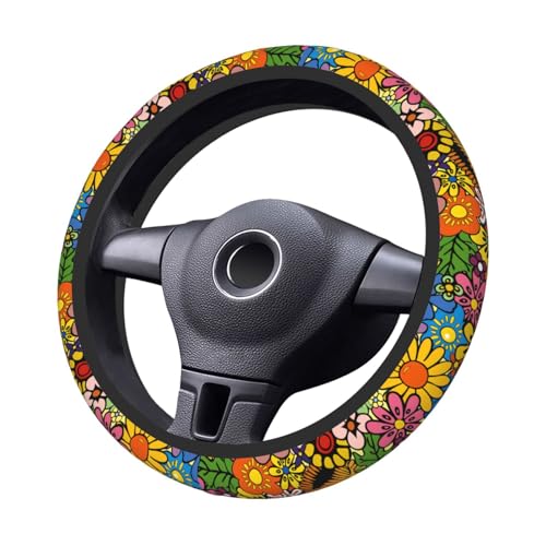 Hippie Flower Neoprene Steering Wheel Cover for Men Women Anti-Slip Elastic Steering Wheel Protective Cover 15in Universal Car Accessories Fit Cars, SUVs, Auto - color: Hippie Flower