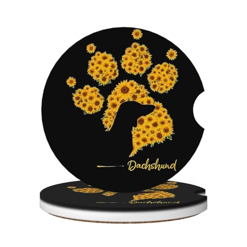Absorbent Ceramic Car Coasters for Cup Holders, Dachshund Sunflower Dog Paw Design 2.56" Anti Slip Universal Drink Cup Coasters for Women Men (2 Pack) - color: Dachshund Sunflower Dog Paw