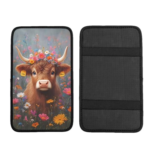 Universal Car Center Console Cushion Pad, Cute Highland Cow Flowers Soft Waterproof Car Center Console Cover Auto Armrest Seat Box Cover Protector for Most Vehicle SUV Truck Car - color: Cute Highland Cow Flowers