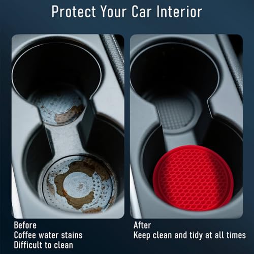 Car Cup Holder Coaster 4 Pack - Non Slip & Shockproof,Flexible PVC Rubber Insert for Car/Truck/SUV/Van (2.75"x0.2") Universal Fit Auto Cup Holders Accessories for Women and Man (Red) - color: Red
