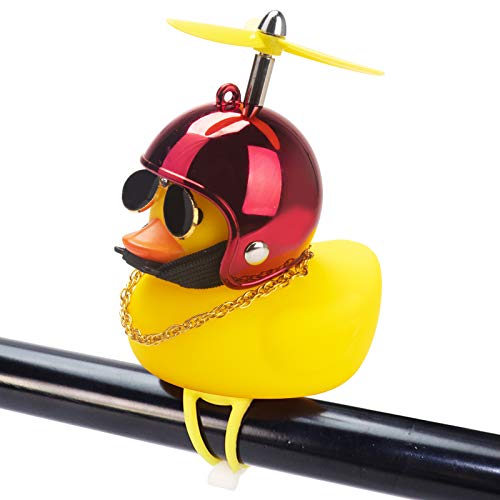 Rubber Duck Toy Car Ornaments Yellow Duck Car Dashboard Decorations Squeeze Duck Bicycle Horns with Propeller Helmet - color: Bright Red-Light