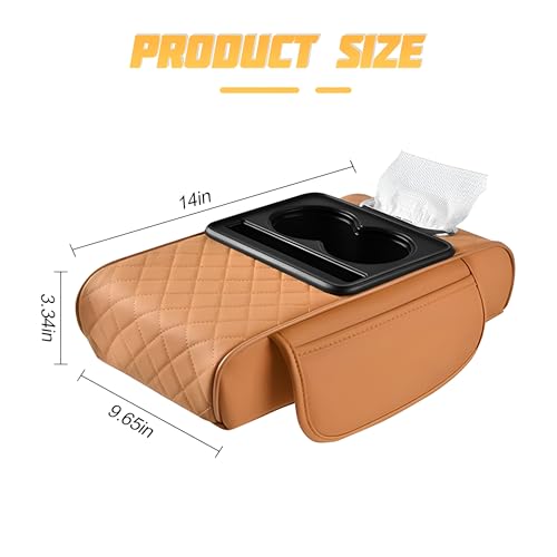 Car Center Console Armrest Pillow, Memory Foam Leather 4 in 1 Vehicle Arm Rest Cover with Tissue Box 2 Side Storage Bag Cup & Phone Holder, Auto Armrest Cushion, Universal Fit (Orange)