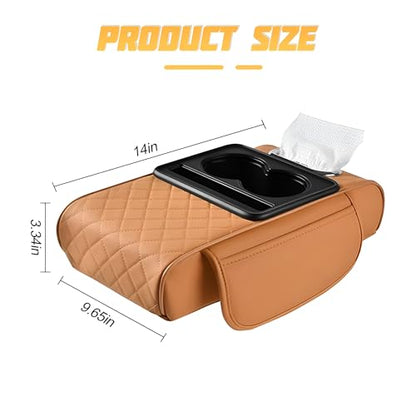 Car Center Console Armrest Pillow, Memory Foam Leather 4 in 1 Vehicle Arm Rest Cover with Tissue Box 2 Side Storage Bag Cup & Phone Holder, Auto Armrest Cushion, Universal Fit (Orange)