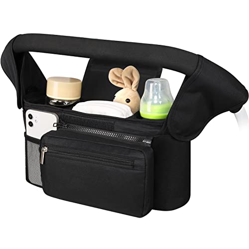 Accmor Universal Stroller Organizer with Insulated Cup Holder Detachable Phone Bag and Shoulder Strap,Stroller Bag Caddy Organizer Fits for Uppababy, Baby Jogger, Britax Strollers - color: All Black