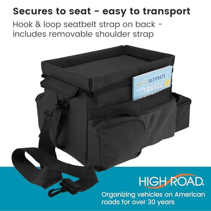 High Road CarHop Car Caddy Organizer with Road Trip Cooler, Car Cup Holder Bin, Sturdy Snack and Play Lid and 6 Organization and Storage Pockets, Black - color: Black
