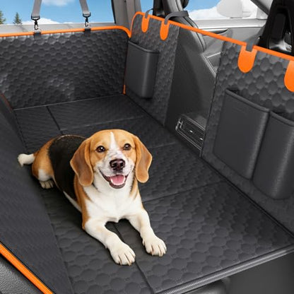 Dog Car Seat Cover for Back Seat Waterproof Oxford Fabric, Hard Bottom Back Seat Extender for Dogs Scratchproof, Dog Hammock for Car with Mesh Window, Fit Most Cars Small Trucks, Black Orange