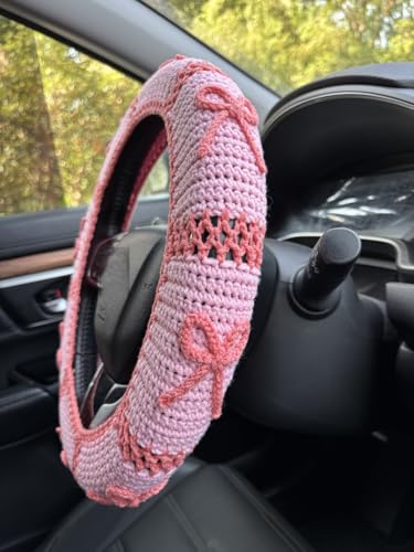 Handmade Crochet Pink Bow Car Steering Wheel Covers Universal 14-15 inch,Cute Steering Wheel Cover,Car Accessories (A,Steering Wheel Cover) - color: A,steering Wheel Cover
