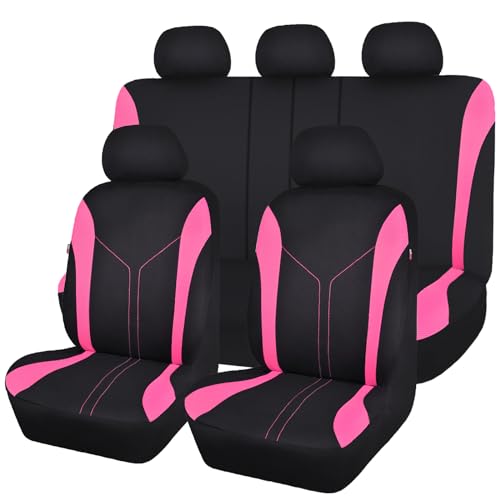 Flying Banner Car Seat Covers Full Set Front Seats and Rear Bench Mesh Fabric Splicing Polyester Cover Black with Pink Color - color: Black Pink, size: Full Set