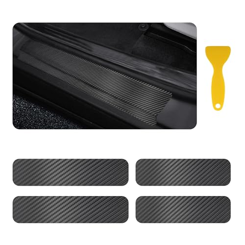 4PCS Car Door Sill Protector with Scraper,Carbon Fiber Car Door Protector Edge Guards for Front Rear Door Sills,Universal Anti-Scratch Car Door Threshold Strips (4D Black)