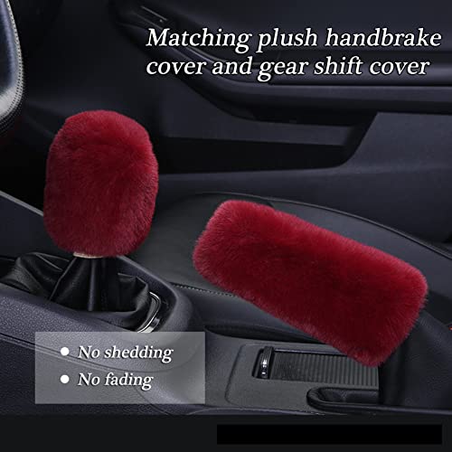 WenMei 1 Set 4 Pcs Fluffy Steering Wheel Cover&Handbrake Cover&Gear Shift Cover&Fluffy Auto Center Console Cover Faux Wool Steering Wheel Covers for Women Universal Car Interior Accessories (Wine red) - color: Wine red