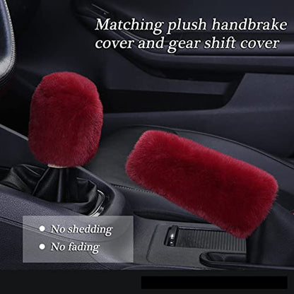 WenMei 1 Set 4 Pcs Fluffy Steering Wheel Cover&Handbrake Cover&Gear Shift Cover&Fluffy Auto Center Console Cover Faux Wool Steering Wheel Covers for Women Universal Car Interior Accessories (Wine red) - color: Wine red