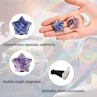ORIESSE Moon Stars Car Decor,Boho Air Vent Clips,Refillable Car Fresheners,3pcs Natural Crystal Stone Hippie Dashboard Decorations Accessories,Best Wishes for Lover and Friend (Blue & Purple)