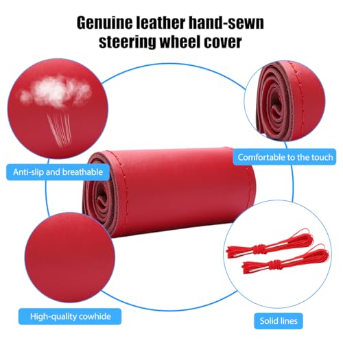 Genuine Leather Car Steering Wheel Cover, DIY Sewing Stitch on Wrap Auto Wheel Cover with Needle Thread, Breathable Anti-Slip Vehicle Steering Stitching Protector, Universal Fit (Red/Glossy) - color: Red/Glossy