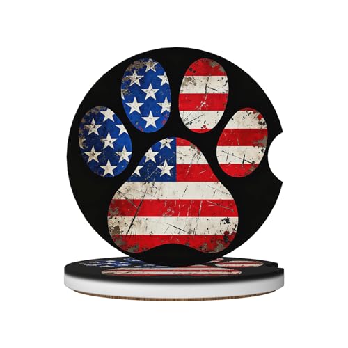 Retro American Flag Dog Paws Car Cup Holder Coasters 2 Pack Universal 2.63 Inch Anti Slip Ceramic Absorbent Coaster with Cork Base and Finger Notch Cute Car Accessories Interior for Women - color: Beige
