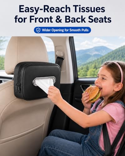 Leather Car Tissue Holder, Extra Large Tissue Holder for Car, Fits 120–230 Count Rectangular Tissue Boxes, Wider Opening for Easy Access, Dual Zipper for Headrest,Console,Seat Back (Black)