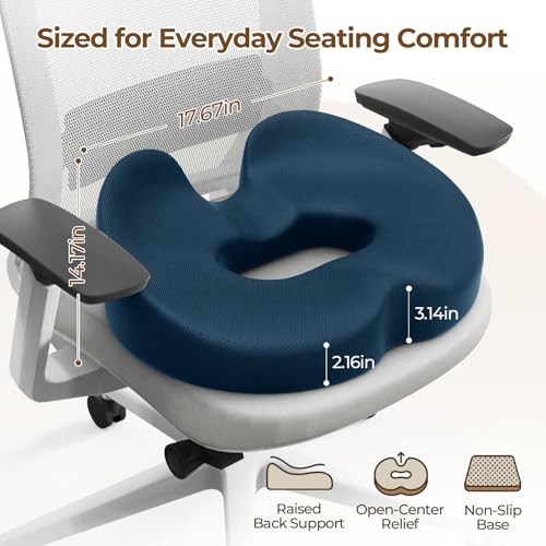 Ergonomic Donut Pillow Seat Cushion with Raised Rear Support, Large Memory Foam Cushion for Tailbone, Hemorrhoids & Sciatica Relief, Office Chair, Car, Travel, Postpartum, Blue - color: Blue