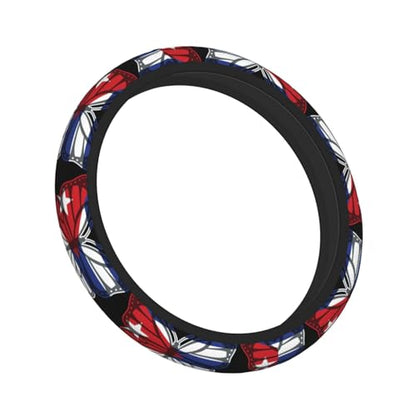 Butterfly Cuban Flag Breathable Neoprene Steering Wheel Cover - Anti-Slip Floral Design Universal Fit for Cars/Trucks/Suvs (14.5"-15" Inch) - color: Butterfly Cuban Flag