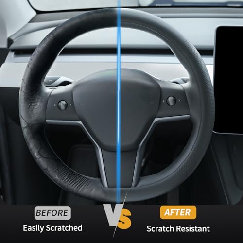 Nappa Leather Steering Wheel Cover Compatible with Tesla Model 3/Y 2016-2025 2026 Juniper/Highland, Non-Slip Breathable Model 3/Y Steering Wheel Protector, Black - color: Black