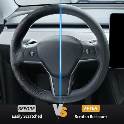Nappa Leather Steering Wheel Cover Compatible with Tesla Model 3/Y 2016-2025 2026 Juniper/Highland, Non-Slip Breathable Model 3/Y Steering Wheel Protector, Black - color: Black