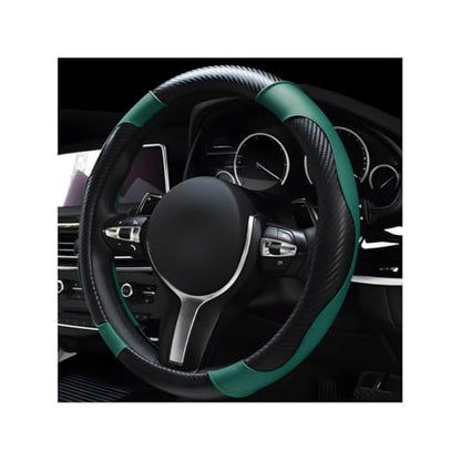povtii Car Steering Wheel Cover, 15 Inch Leather Breathable Auto Steering Wheel Protector, Comfortable Non-Slip Vehicle Steering Wheel Covers, Universal Car Accessories (Dark Green, with Lining) - color: Dark Green, With Lining
